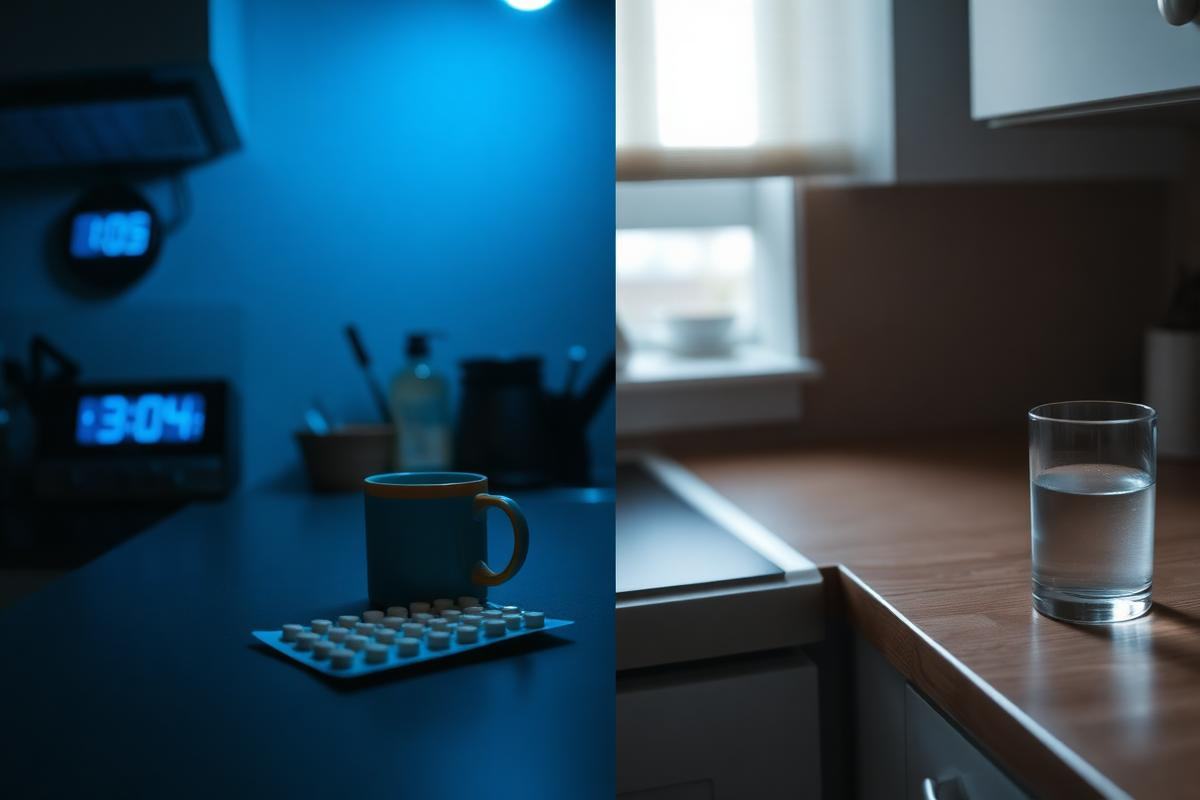 A dim kitchen in the small hours, a single lamp on and a chair pushed back