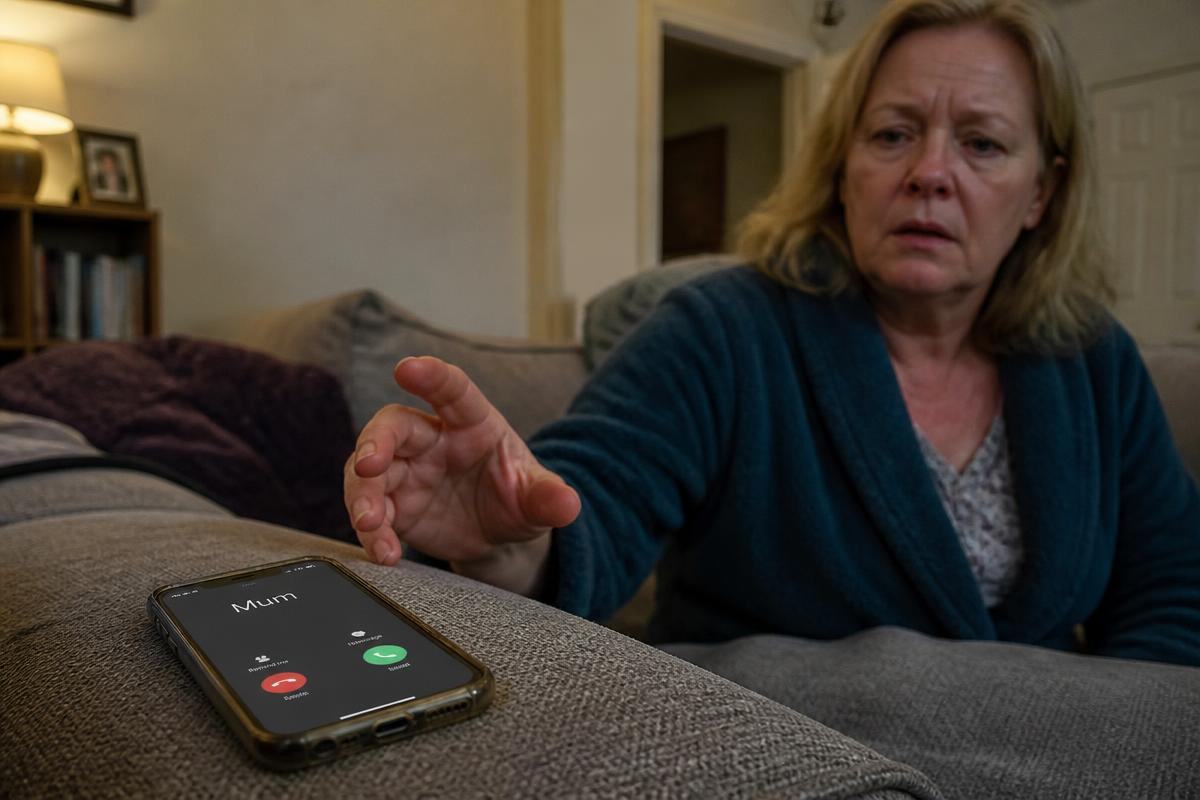 A phone lit up with an incoming call, a hand stopped halfway to it