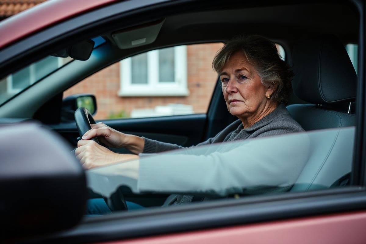 A woman sitting alone in a parked car outside a house, hands on the wheel