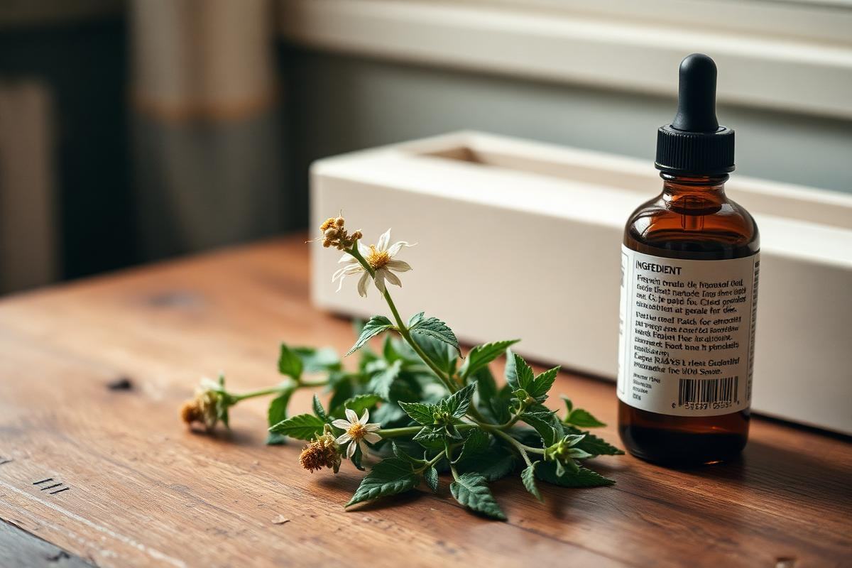 Motherwort in flower on a kitchen table beside a plain dropper bottle