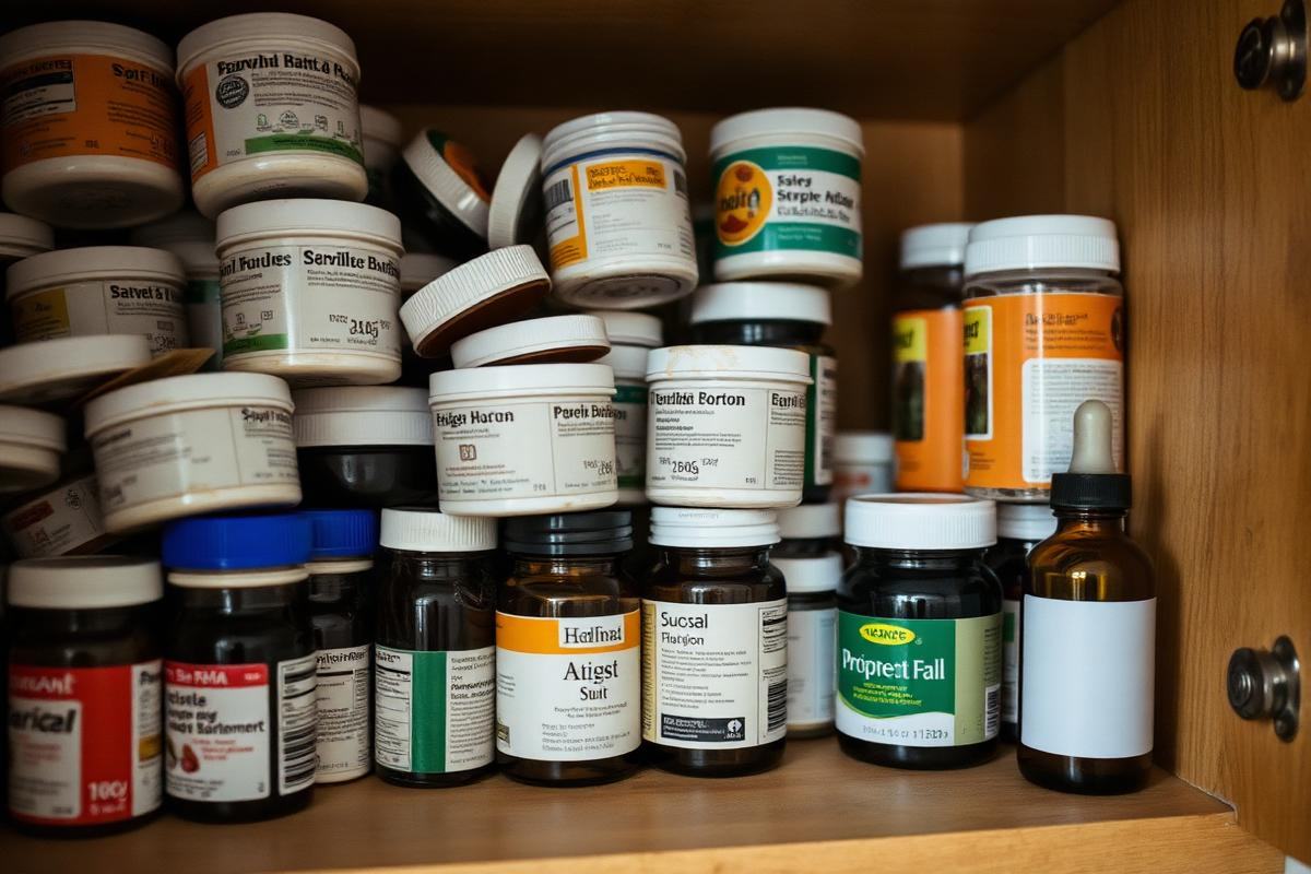 A cupboard shelf of half-used supplement tubs, teas and sleep aids