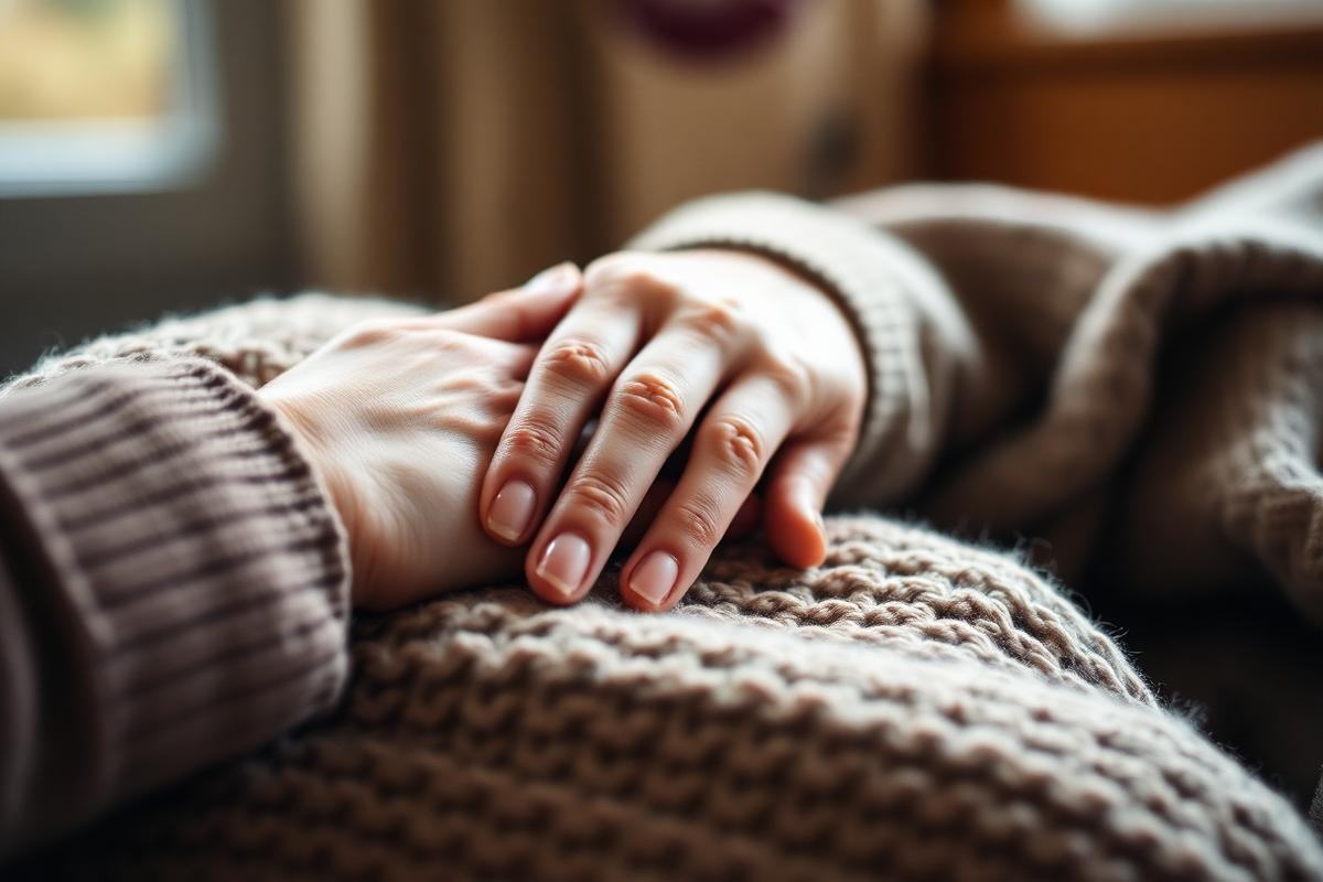 A daughter's hand resting on her elderly parent's hand under a blanket