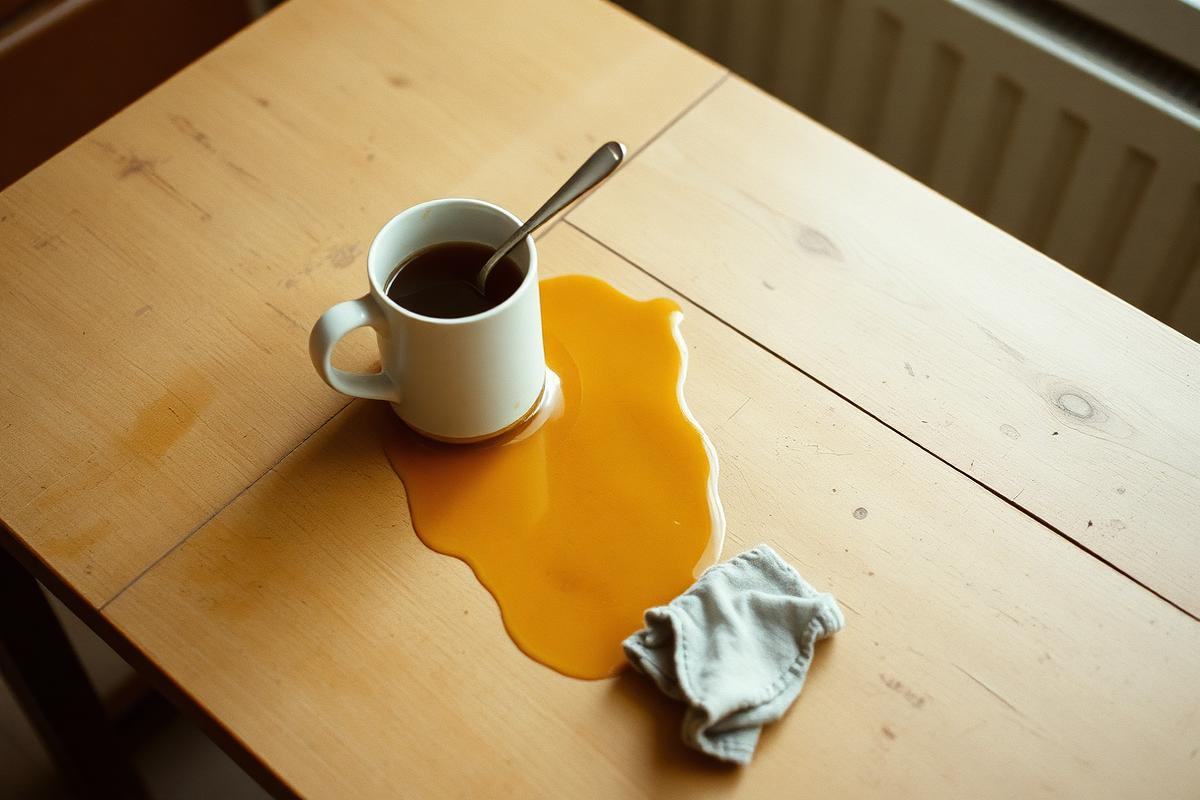 A spilled mug of tea on a worn kitchen table with a cloth beside it