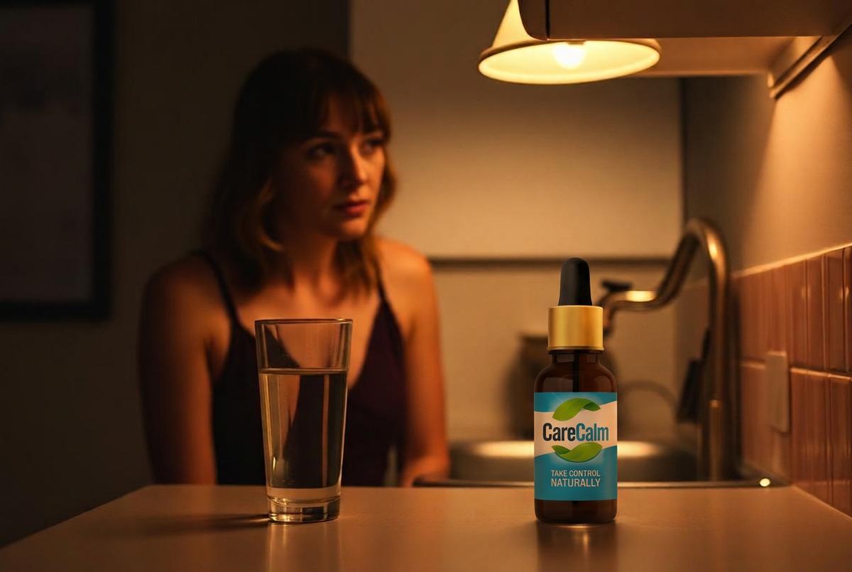 A quiet evening kitchen with a glass of water and a small dropper bottle on the counter