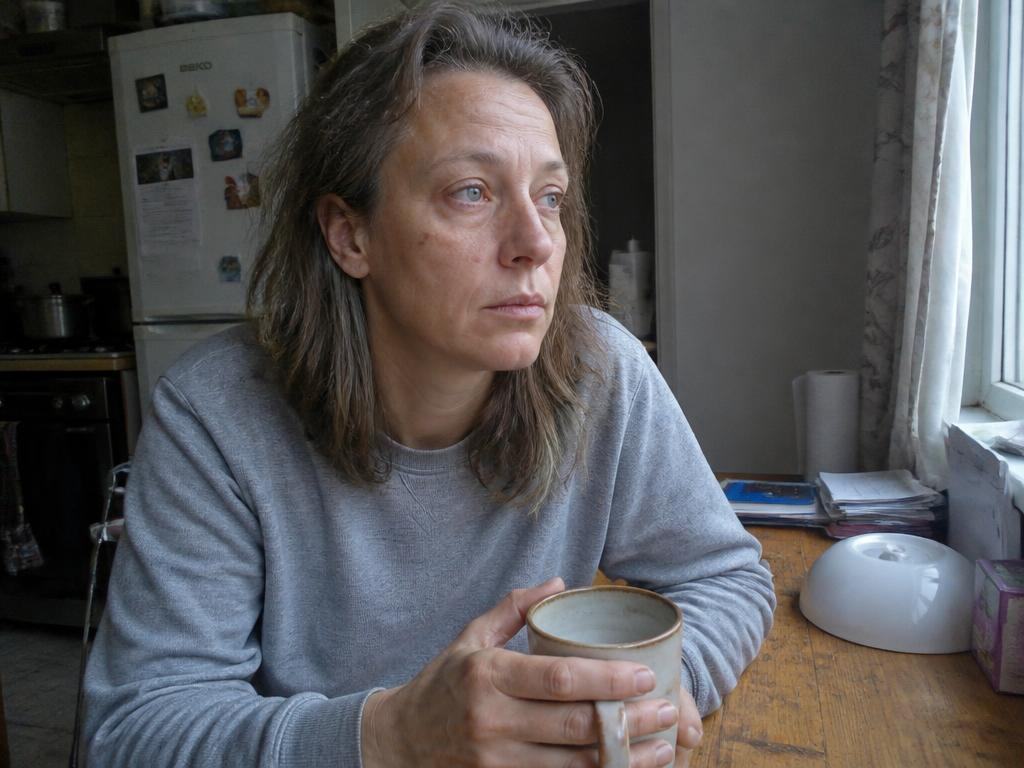 A woman standing by a window, shoulders relaxed